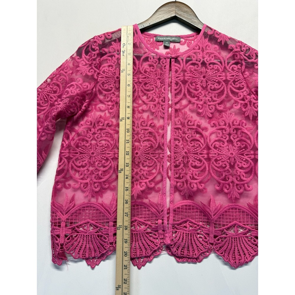 Kate & Mallory Mesh Blouse Top Womens XS Pink Embroidered Lace Sheer 3/4 Sleeve - Picture 7 of 9